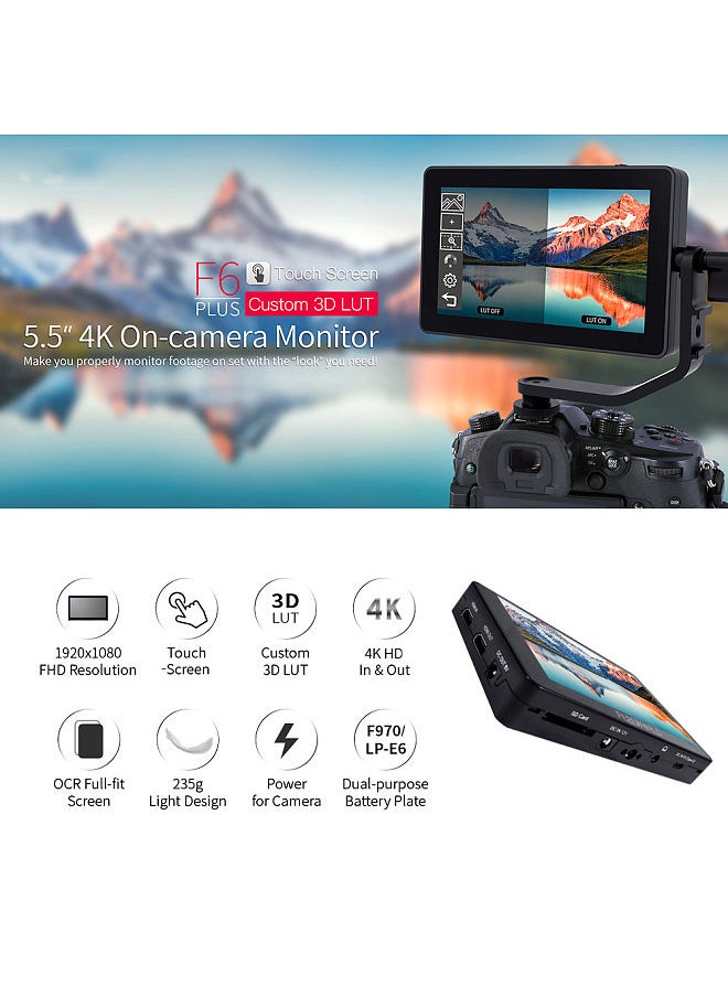 Feelworld - FEELWORLD F6 PLUS 6 Inch On-Camera Field Monitor Kit 3D LUT Video Assist with Sunshade Tilt Arm Support 4K HD Input & Output 1920*1080 Pixels HD IPS Touchscreen - Image 1