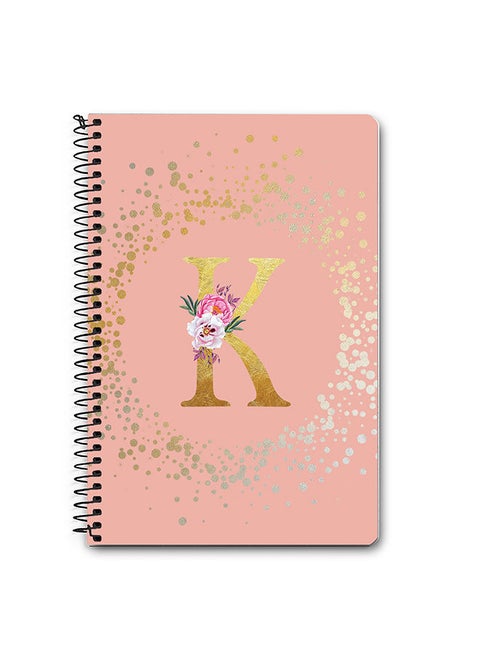 Designer A5 Spiral Notebook Memo Notepad Journal - Custom Monogram Initial Letter Floral Pattern Alphabet - K - Rose Pink
