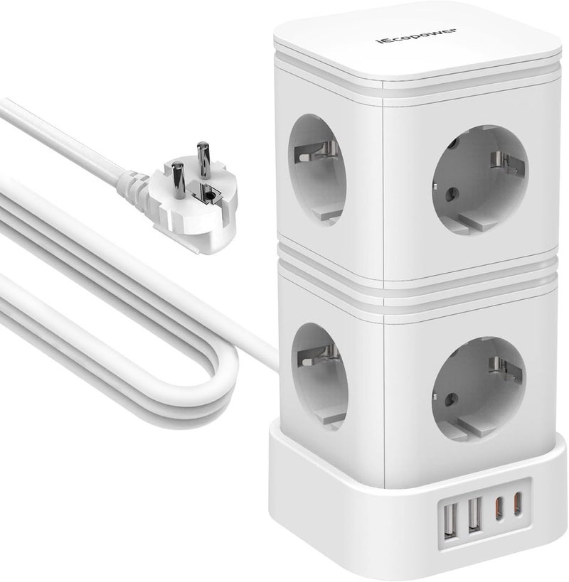 IECOPOWER PD20W Power Strip with Surge Protection - 4 USB Ports (2x USB-C, 2x USB-A) - 4000W/16A - 2 m Cable with Switch - White - Image 1