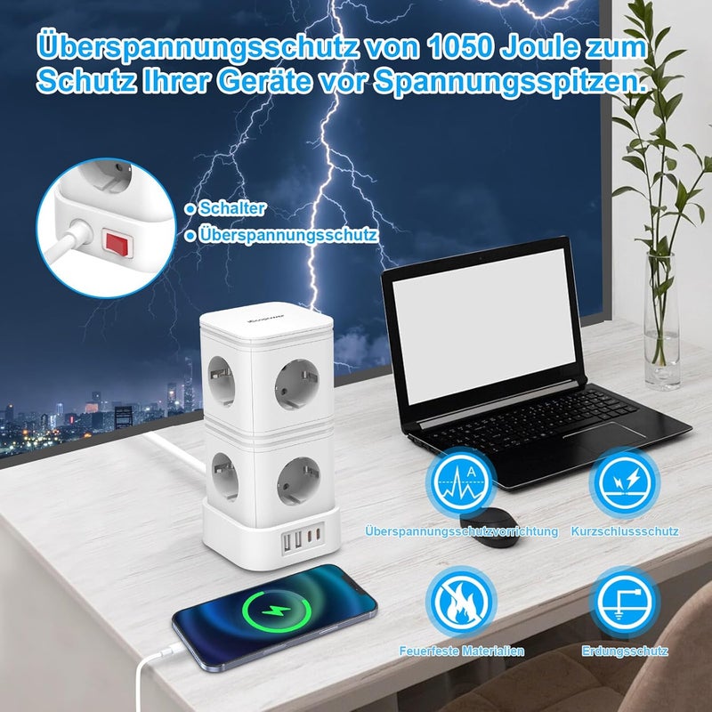 IECOPOWER PD20W Power Strip with Surge Protection - 4 USB Ports (2x USB-C, 2x USB-A) - 4000W/16A - 2 m Cable with Switch - White - Image 4