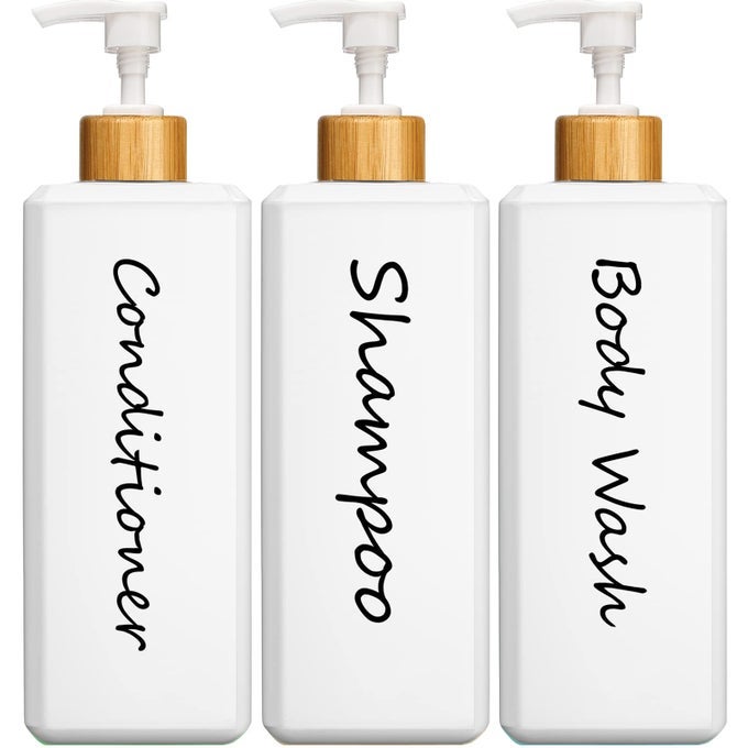 SHAMPOO AND CONDITIONER DISPENSER REFILLABLE WHITE SHAMPOO AND CONDITIONER BOTTLES WITH BAMBOO PUMP MODERN BATHROOM SHOWER BOTTLES SET FOR SHAMPOO CONDITIONER BODY WASH 3 PACK
