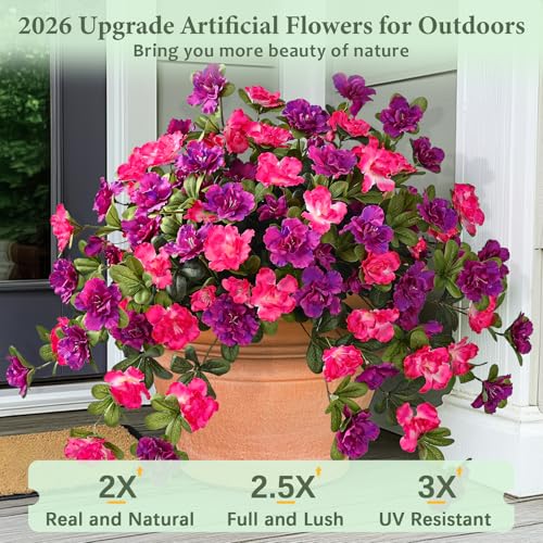 Dolicer Artificial Flowers for Outdoors, 2 Bundles UV Resistant Fake Rose Red & Purple Artificial Outdoor Plants Look Real for Outside Front Faux Door Porch Patio Balcony Decor - Image 3