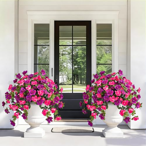 Dolicer Artificial Flowers for Outdoors, 2 Bundles UV Resistant Fake Rose Red & Purple Artificial Outdoor Plants Look Real for Outside Front Faux Door Porch Patio Balcony Decor - Image 2