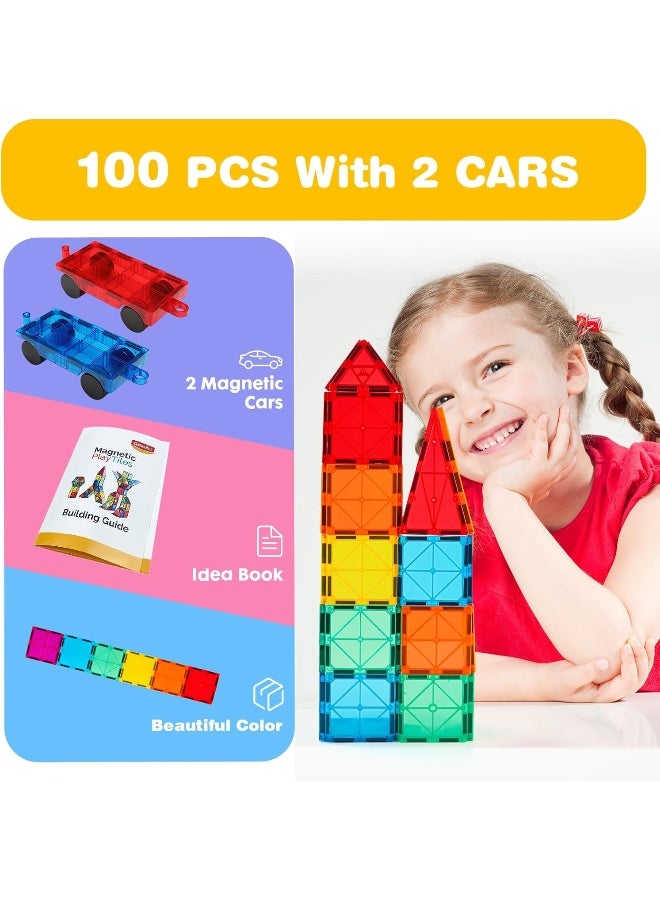 Magnetic Tiles 100 PCS with 2 Cars - STEM Educational Toy - Image 2