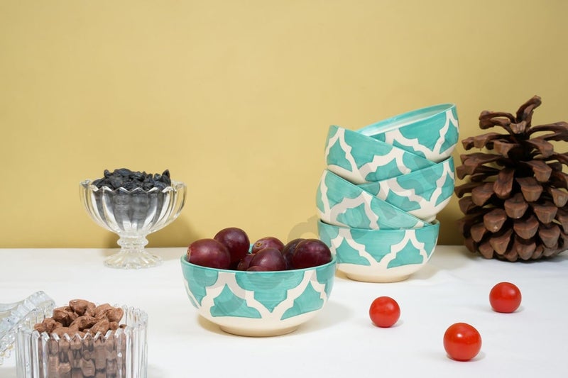 Sugalsu Soup Bowls Set of 4 4 Inch Cereal Bowls for Kitchen Ceramic Bowl Colorful Patterned Porcelain Bowls for Kitchen Decor and Housewarming Gift Dishwasher and Microwave SafeGreen - Image 3