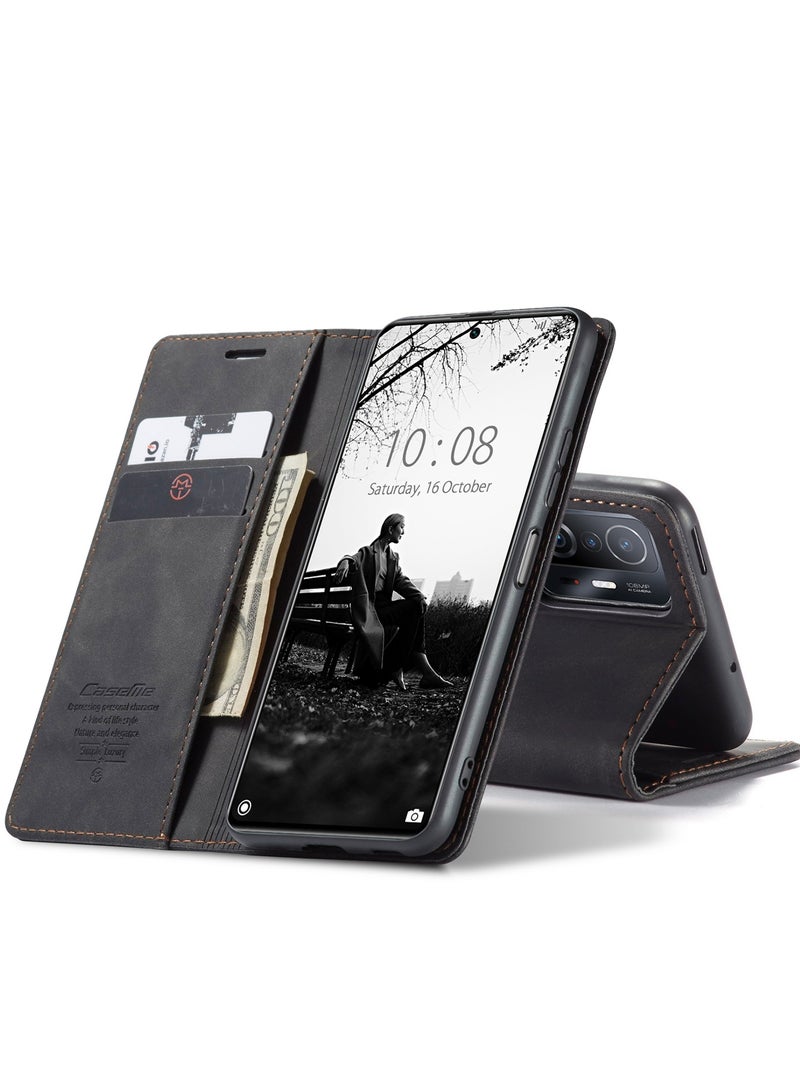 CaseMe Phone Case Luxury PU Leather Design 013 Flip Cover Card Slot Holder Cover ForMI 11T/ MI 11T Pro (Black ) - Image 2