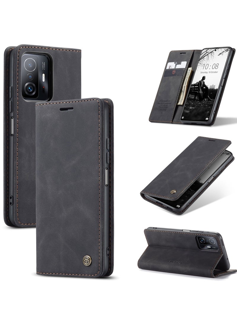 CaseMe Phone Case Luxury PU Leather Design 013 Flip Cover Card Slot Holder Cover ForMI 11T/ MI 11T Pro (Black ) - Image 1