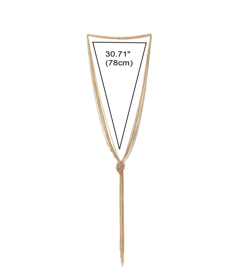COOLSTEELANDBEYOND Chic 18K Gold-Plated Lariat Necklace Tassel Pendant with Rhinestones, Multi-strand Long Chains Y-Shape - Image 4