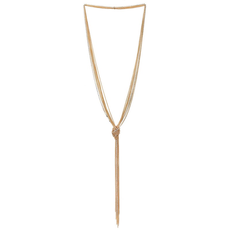 COOLSTEELANDBEYOND Chic 18K Gold-Plated Lariat Necklace Tassel Pendant with Rhinestones, Multi-strand Long Chains Y-Shape - Image 1