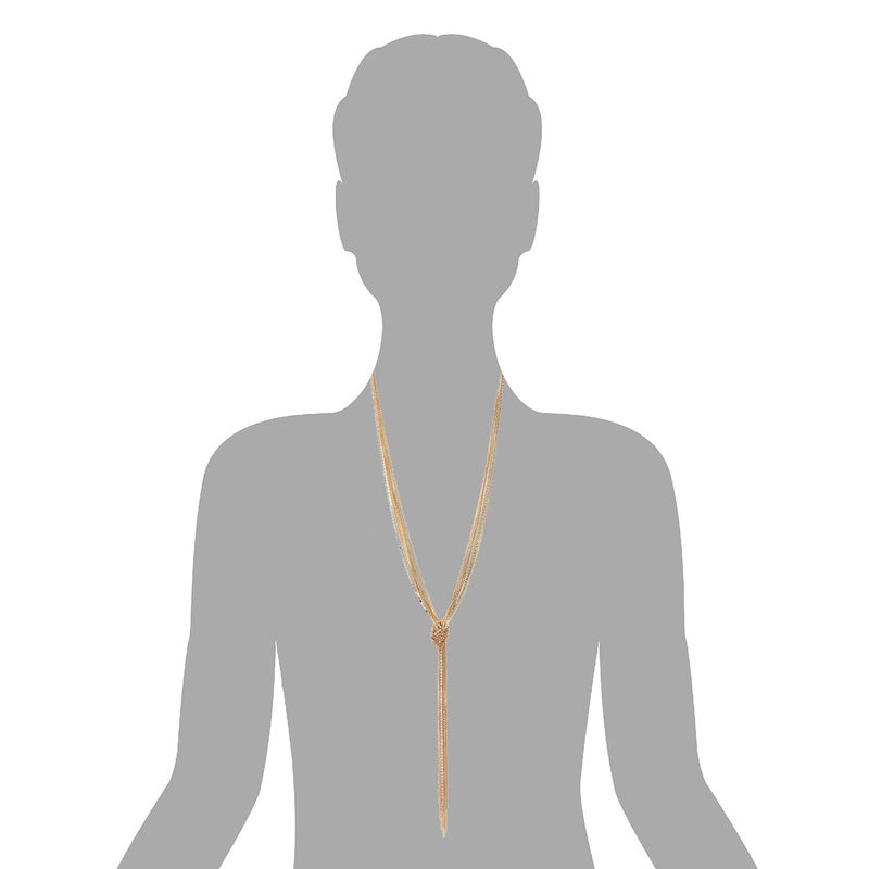 COOLSTEELANDBEYOND Chic 18K Gold-Plated Lariat Necklace Tassel Pendant with Rhinestones, Multi-strand Long Chains Y-Shape - Image 3