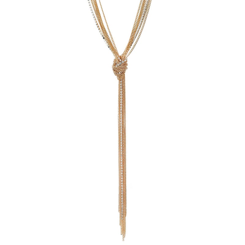 COOLSTEELANDBEYOND Chic 18K Gold-Plated Lariat Necklace Tassel Pendant with Rhinestones, Multi-strand Long Chains Y-Shape - Image 2