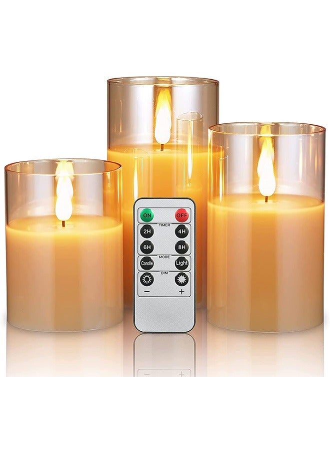 FLAMELESS CANDLES, BATTERY OPERATED REAL PILLAR WAX FLICKERING MOVING WICK EFFECT GLOD HALLOWEEN GLASS CANDLE SET WITH REMOTE CONTROL CYCLING TIMER, 10CM, 12.5CM, 15CM, PACK OF 3.