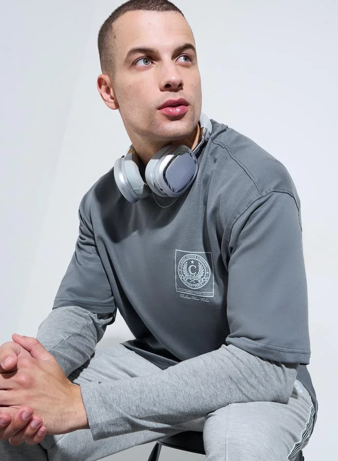 Styli Men Grey Graphic Print Oversized T-Shirt