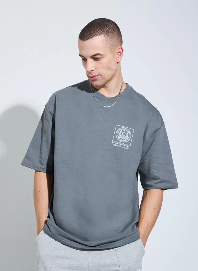 Styli Men Grey Graphic Print Oversized T-Shirt