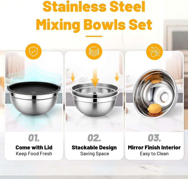 Beasea Stainless Steel Mixing Bowls, 2 Pack 3.4 QT Metal Nesting Mixing Bowls with Black Airtight Lids, Stackable Baking Bowl with Lid for Kitchen, Prepping, Serving, Cooking - Image 3