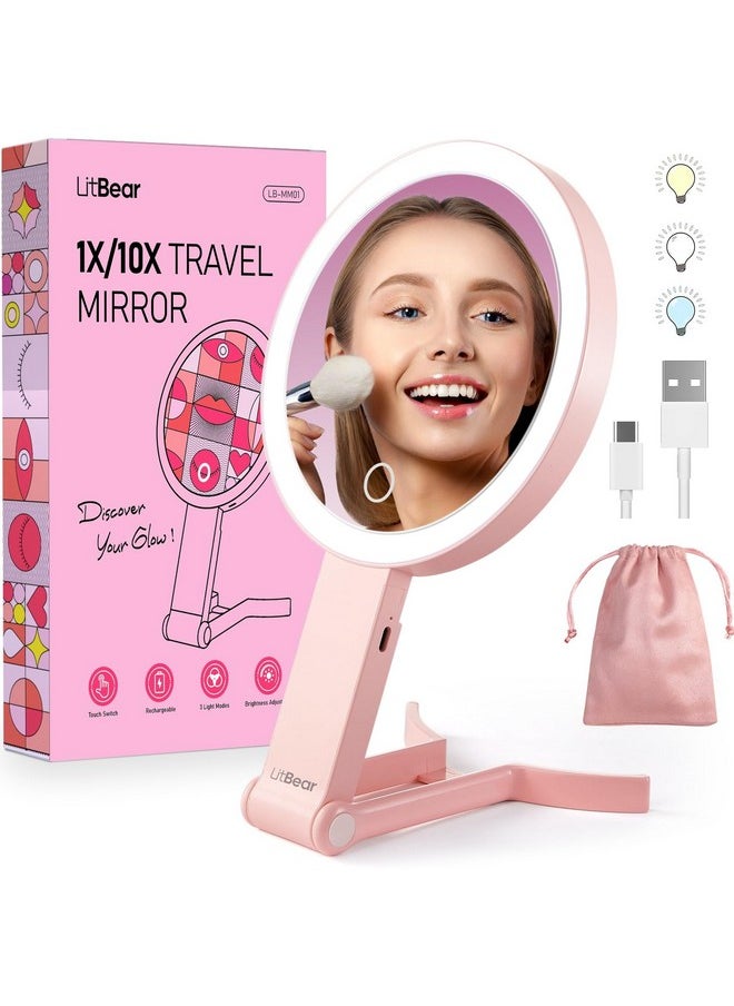 LitBear Travel Makeup Mirror With Lights, Rechargeable Double Sided 10X /1X Magnifying Mirror, Portable Lighted Beauty Mirror, 3 Color Lighting, Dimmable Touch Screen, Tabletop Handhold Hanging (Pink)  - Image 1