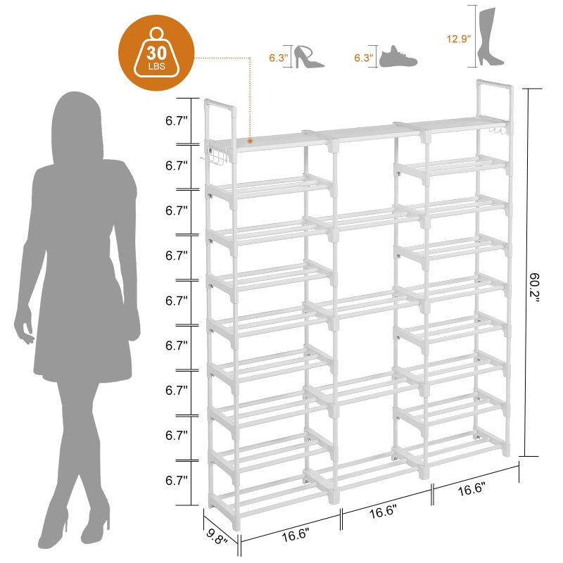 WOWLIVE 9 Tiers Large Shoe Rack White Shoe Rack Organizer for Closet 50-55 Pairs Stackable Heavy Duty Shoe Shelf Shoe Storage with Metal Pipes Plastic Connectors - Image 5