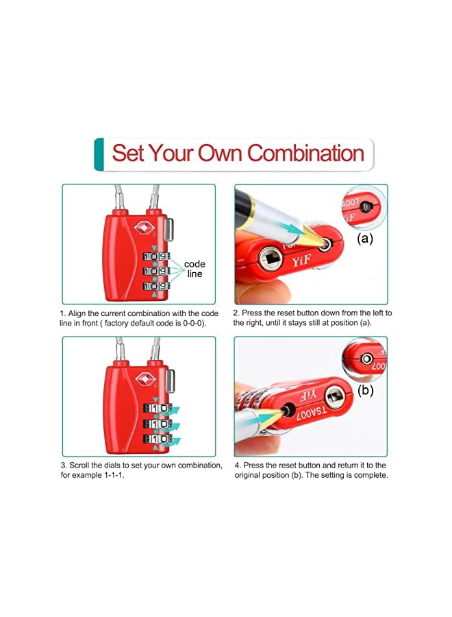 PROMASS PROMASS Luggage Padlocks TSA Approved, PROMASS Customs Lock, Mini Luggage Padlock, Flexible Cable Travel Locks, Coded Suitcase Lock, Small Gym Locker Padlock with 3 Digit Combination (Red, 2 Pack)  - Image 3