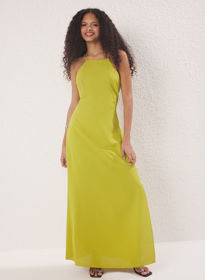 trendyol Oil Green Striped A-Line Slit Maxi Woven Dress - Image 1