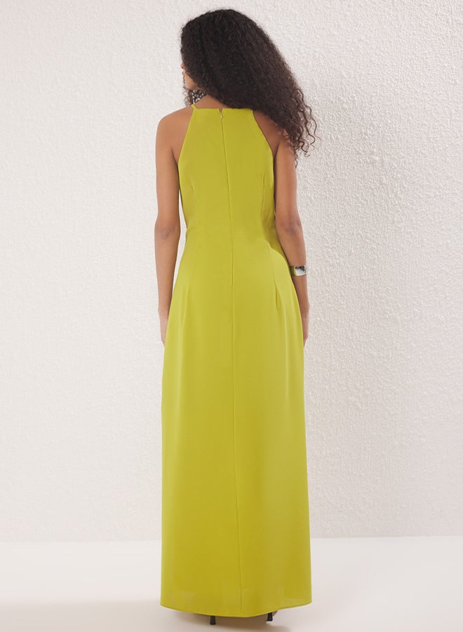 trendyol Oil Green Striped A-Line Slit Maxi Woven Dress - Image 4