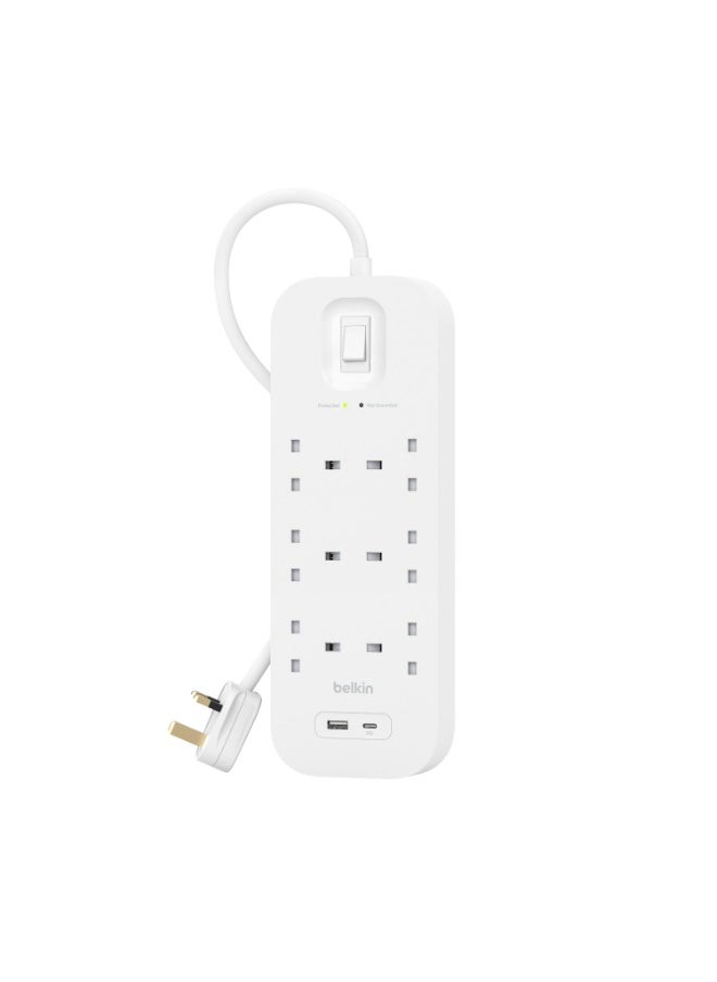 belkin 6-Outlet Surge Protector w/ Charging Ports 18W | 2meters Cable Length, 650 Joules Protection, PD Fast Charge 1x USB/C 1x USB-A, Heavy Duty Chord, w/ Switch & LED Indicator - UK 3-Pin  - Image 1
