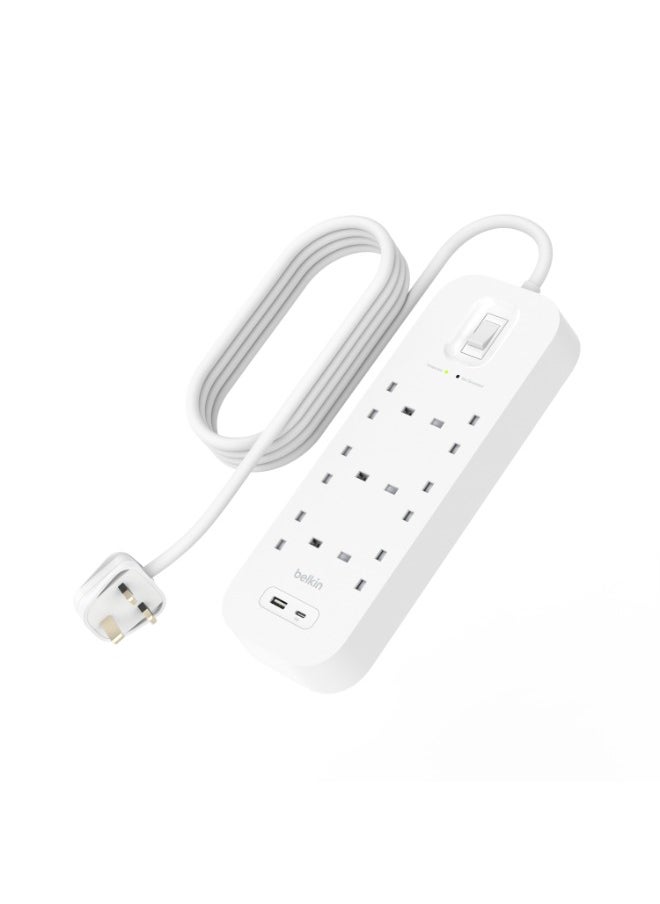 belkin 6-Outlet Surge Protector w/ Charging Ports 18W | 2meters Cable Length, 650 Joules Protection, PD Fast Charge 1x USB/C 1x USB-A, Heavy Duty Chord, w/ Switch & LED Indicator - UK 3-Pin  - Image 2