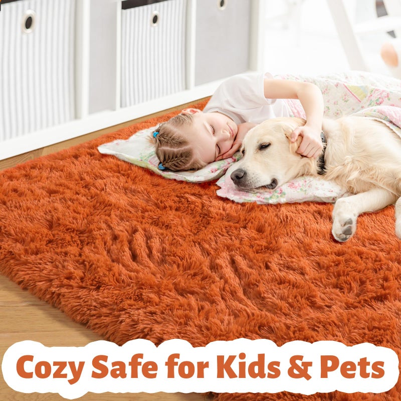 Amdrebio Burnt Orange Area Rugs for Living Room Bedroom, Fluffy Shaggy Fuzzy Thick Shag Rug 5x7 for Kids Room Decor, Modern Cute Plush Furry Dark Orange Carpet for Nursery Dorm Classroom Playroom - Image 2