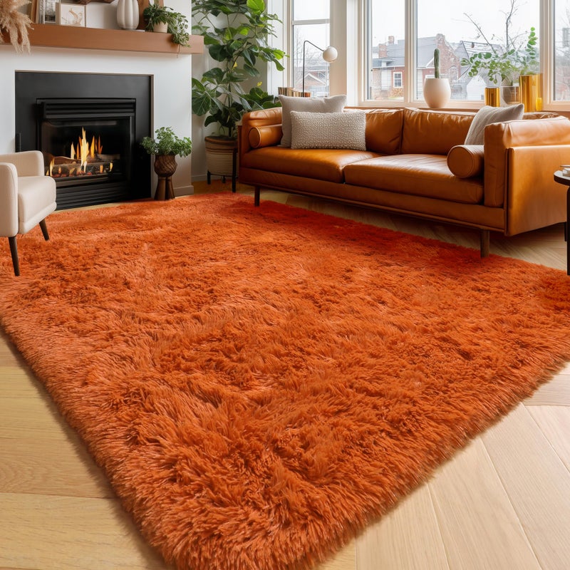 Amdrebio Burnt Orange Area Rugs for Living Room Bedroom, Fluffy Shaggy Fuzzy Thick Shag Rug 5x7 for Kids Room Decor, Modern Cute Plush Furry Dark Orange Carpet for Nursery Dorm Classroom Playroom - Image 1