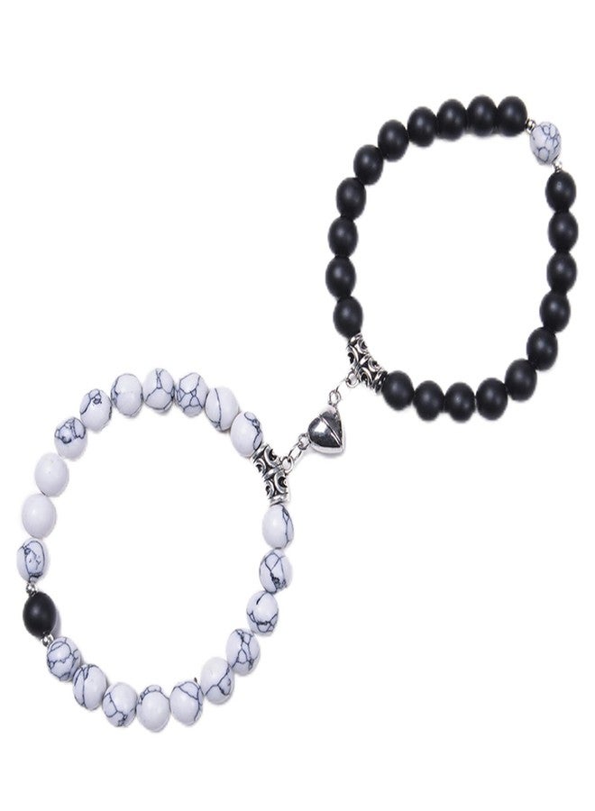 Thrillz Stylish Couple Bracelets Black & White Natural Stone Onyx Stretchable Wrist Band Heart Magnetic kada For Men Boys Girls Love Gifts Friendship Promise Bracelets Jewellery - Image 1