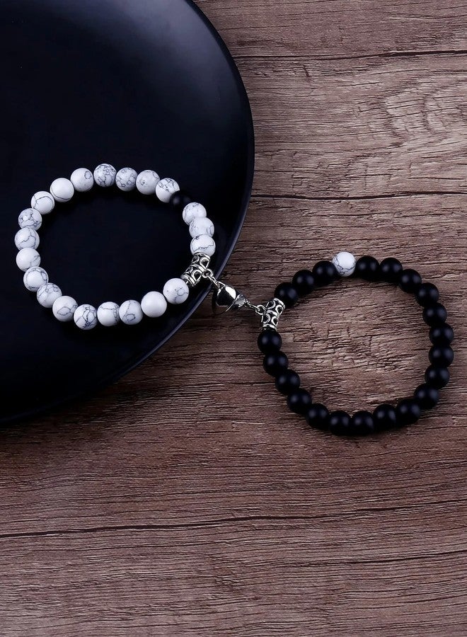 Thrillz Stylish Couple Bracelets Black & White Natural Stone Onyx Stretchable Wrist Band Heart Magnetic kada For Men Boys Girls Love Gifts Friendship Promise Bracelets Jewellery - Image 3