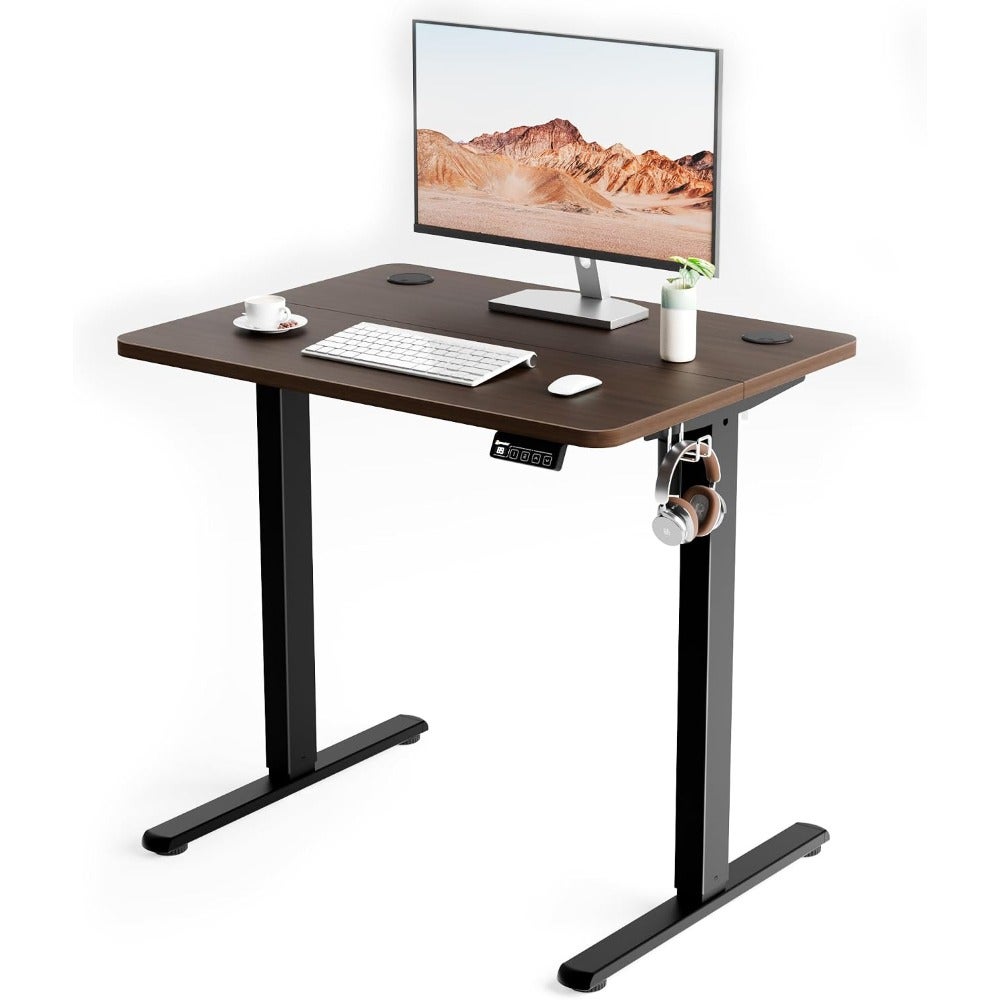 Electric Standing Desk Height Adjustable Sit Stand Table 80x60cm Splicing Top With Frame For Home Office Walnut Desktop