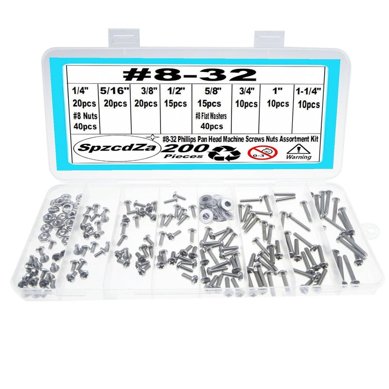SpzcdZa 200 Pieces #8-32 Phillips Pan Head Machine Screws Nuts Washers Assortment Kit, Coarse Thread, Fully Machine Threaded, 304 Stainless Steel - Image 1