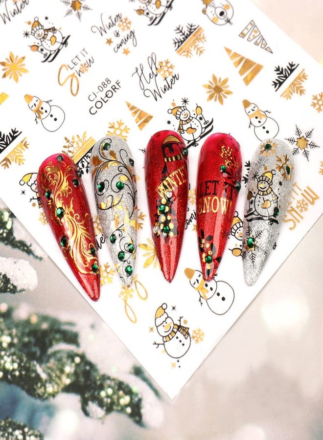 Vezocim 9 Sheets Gold Christmas Nail Art Stickers, Winter Christmas Nail Self-Adhesive Sticker Design, Snowflake Snowman Elk Bells Xmas Tree Nail Transfer Decals for Women Girls Manicure Charms Decorations - Image 2
