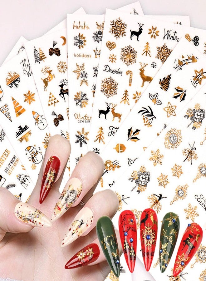 Vezocim 9 Sheets Gold Christmas Nail Art Stickers, Winter Christmas Nail Self-Adhesive Sticker Design, Snowflake Snowman Elk Bells Xmas Tree Nail Transfer Decals for Women Girls Manicure Charms Decorations - Image 1