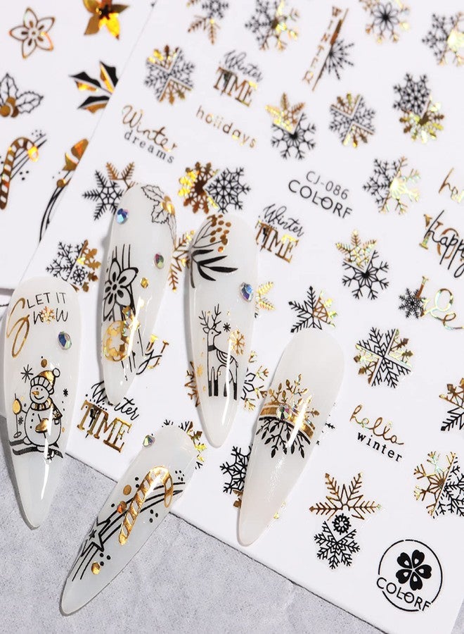 Vezocim 9 Sheets Gold Christmas Nail Art Stickers, Winter Christmas Nail Self-Adhesive Sticker Design, Snowflake Snowman Elk Bells Xmas Tree Nail Transfer Decals for Women Girls Manicure Charms Decorations - Image 3