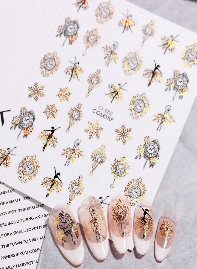 Vezocim 9 Sheets Gold Christmas Nail Art Stickers, Winter Christmas Nail Self-Adhesive Sticker Design, Snowflake Snowman Elk Bells Xmas Tree Nail Transfer Decals for Women Girls Manicure Charms Decorations - Image 4