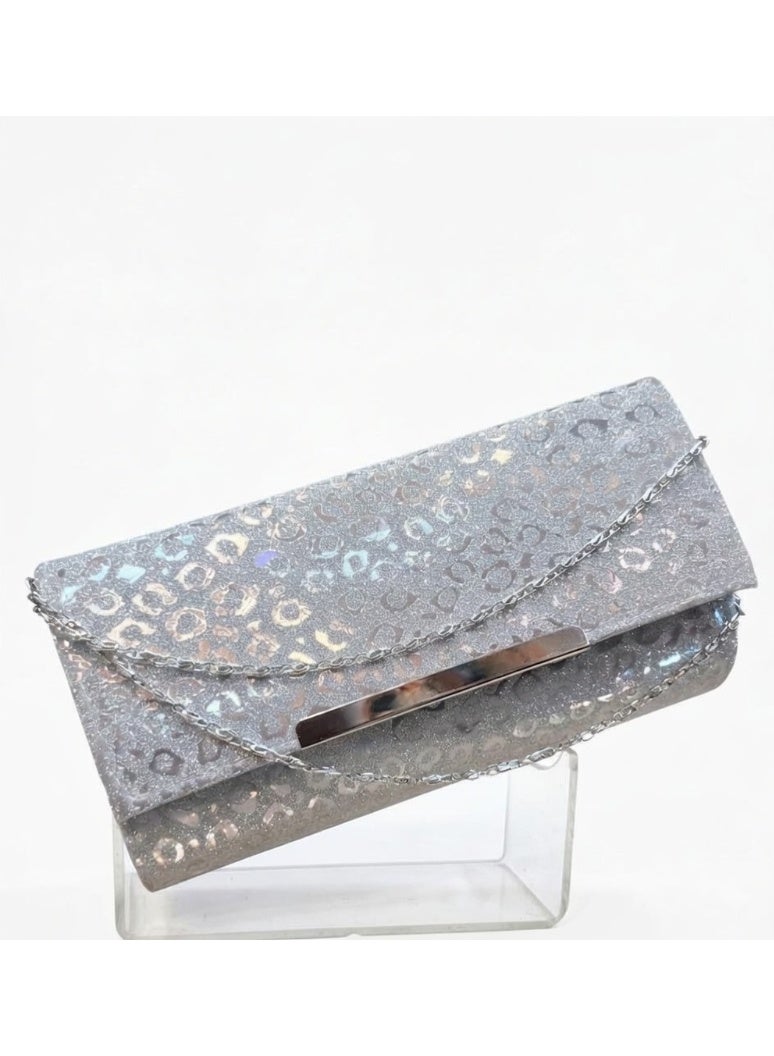 Women Soiree Bag, Silver Glitter, Leopard Pattern, Elegant Handbag with Chain (Silver)