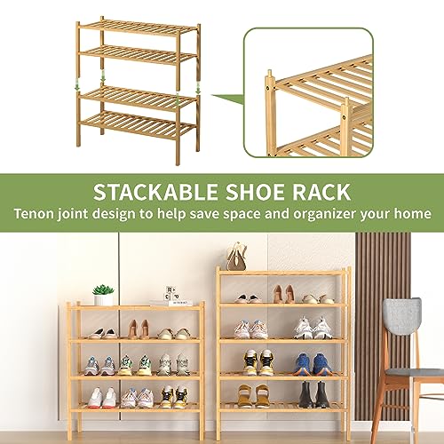 ROMGUAR CRAFT 5 Tier Bamboo Shoe Rack for Closet Free Standing Wood Shoe Shelf for Entryway Small Space Stackable 27"x11"x33" (Natural) - Image 5