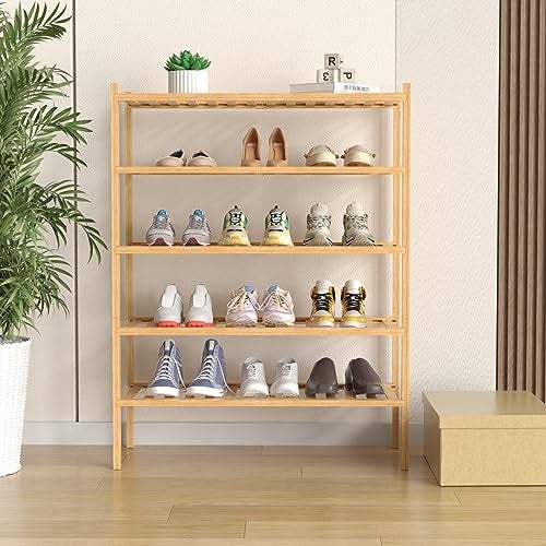 ROMGUAR CRAFT 5 Tier Bamboo Shoe Rack for Closet Free Standing Wood Shoe Shelf for Entryway Small Space Stackable 27"x11"x33" (Natural) - Image 2