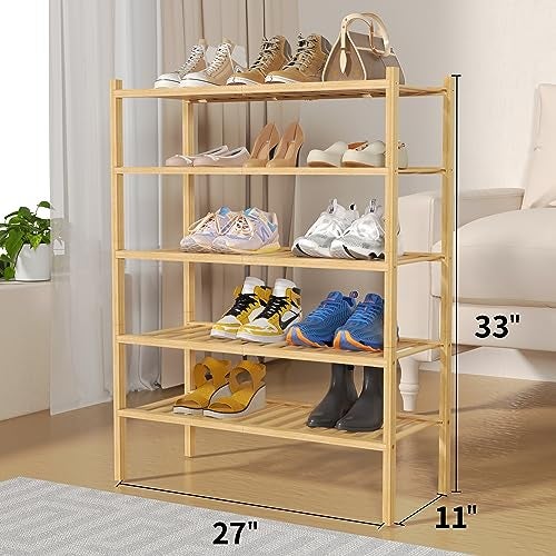 ROMGUAR CRAFT 5 Tier Bamboo Shoe Rack for Closet Free Standing Wood Shoe Shelf for Entryway Small Space Stackable 27"x11"x33" (Natural) - Image 3