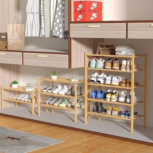ROMGUAR CRAFT 5 Tier Bamboo Shoe Rack for Closet Free Standing Wood Shoe Shelf for Entryway Small Space Stackable 27"x11"x33" (Natural) - Image 4
