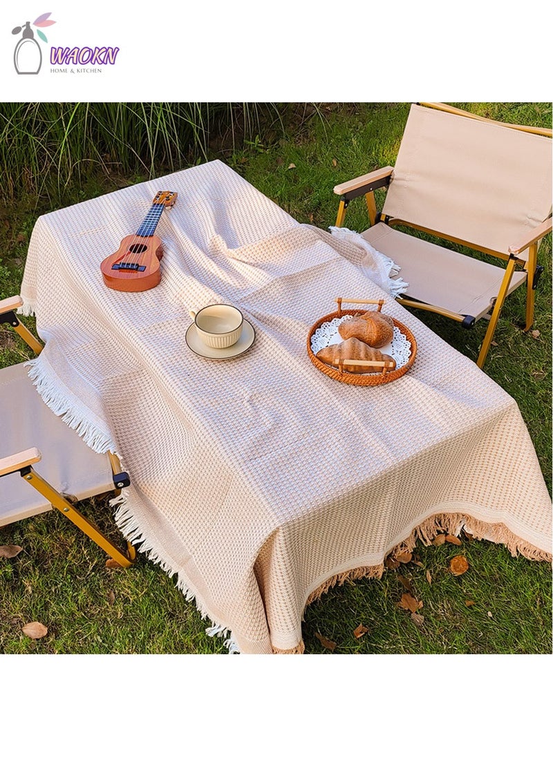 WAOKN Tablecloth Terylene Cotton With Tassel  Leisure Shee Picnic Sheet Picnic Mat Northern Europe Foldable Lightweight Large Compact Storage Portable Outdoors Sports Festivals Cherry Blossom Viewing180 x 130 cm Khaki  - Image 1