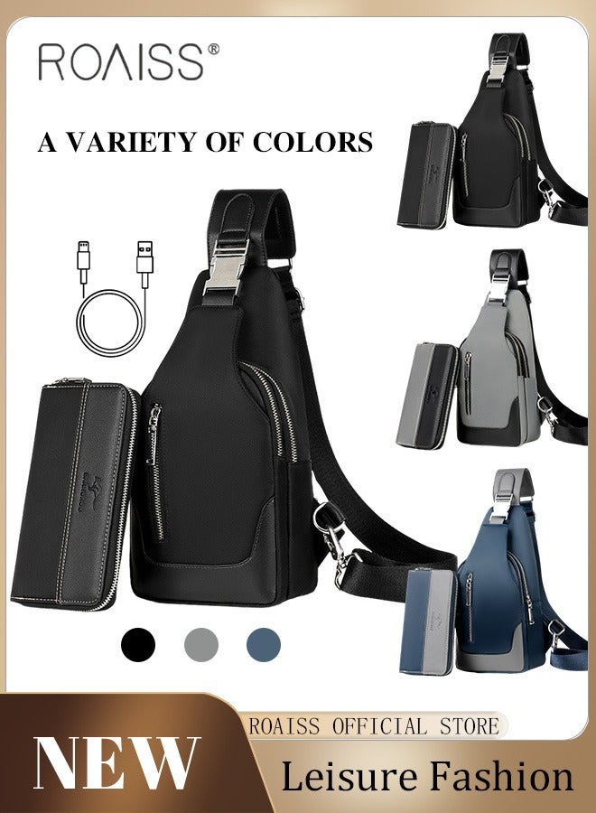 رويس حقيبة صدر مقاومة للماء مكونة من قطعتين ومجموعة محفظة طويلة عصرية من حقيبة الكتف مع منفذ شحن USB للرجال للسفر باللون الأسود - Image 1