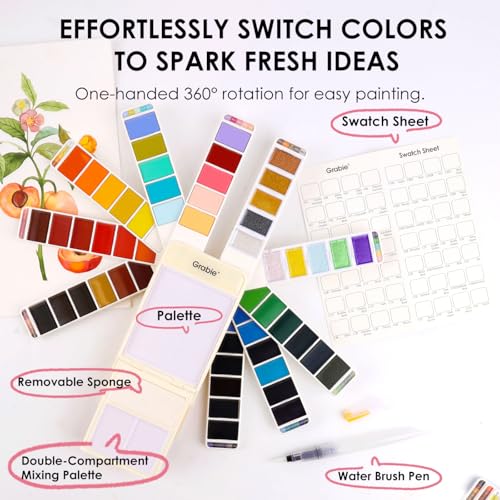 Grabie Watercolor Paint Set, 56 Colors Handheld Watercolor Set of Water Brush Pen, Palette and Removable Sponge, Portable Watercolor Paint for Artist Beginner and Professional - Image 2