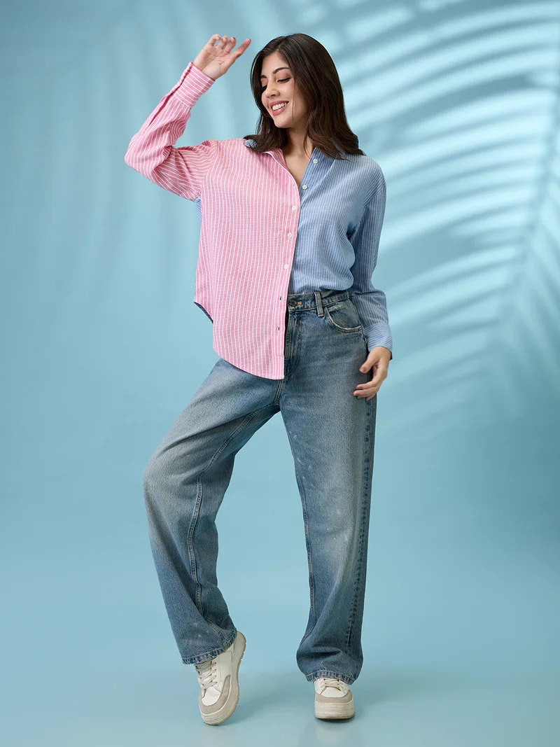 globus Women Blue Colorblock Striped Collared Neck Cuffed Sleeves Curved Hem Shirt