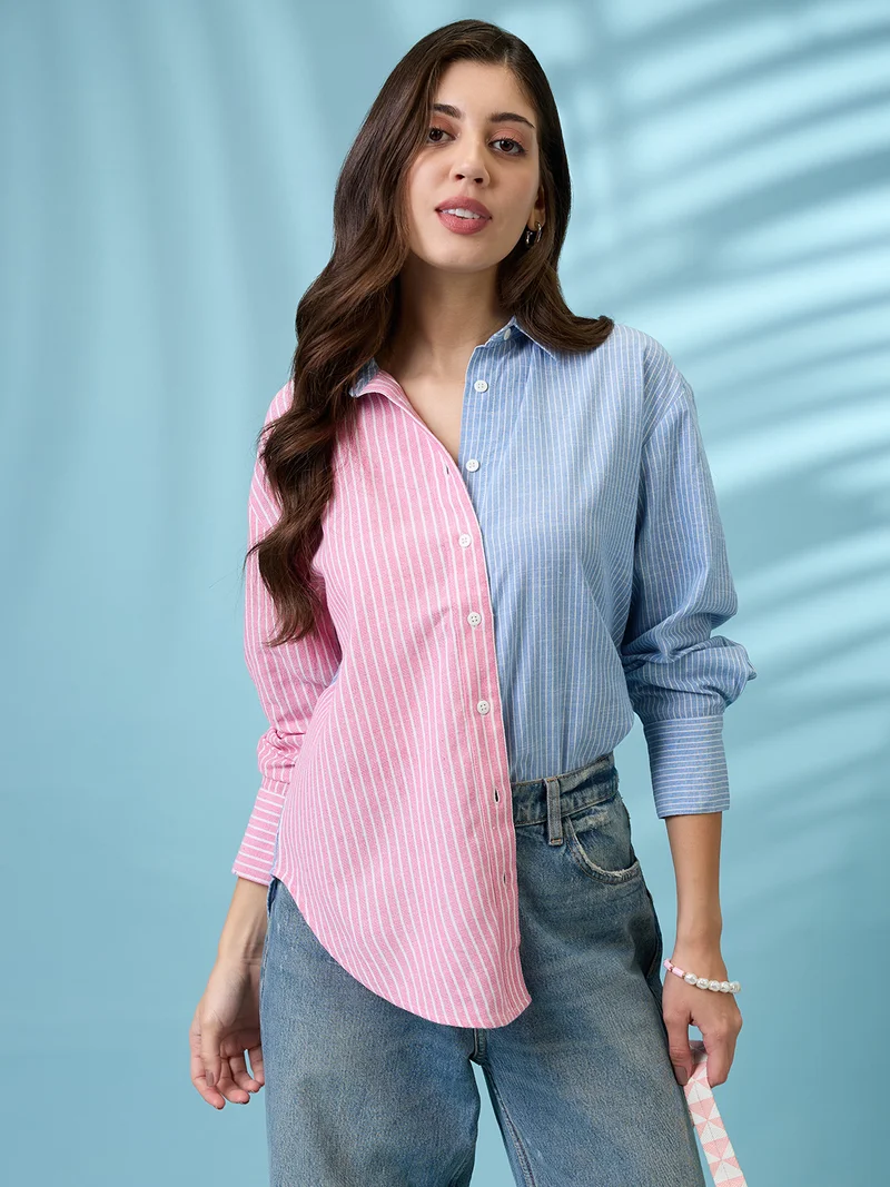 globus Women Blue Colorblock Striped Collared Neck Cuffed Sleeves Curved Hem Shirt