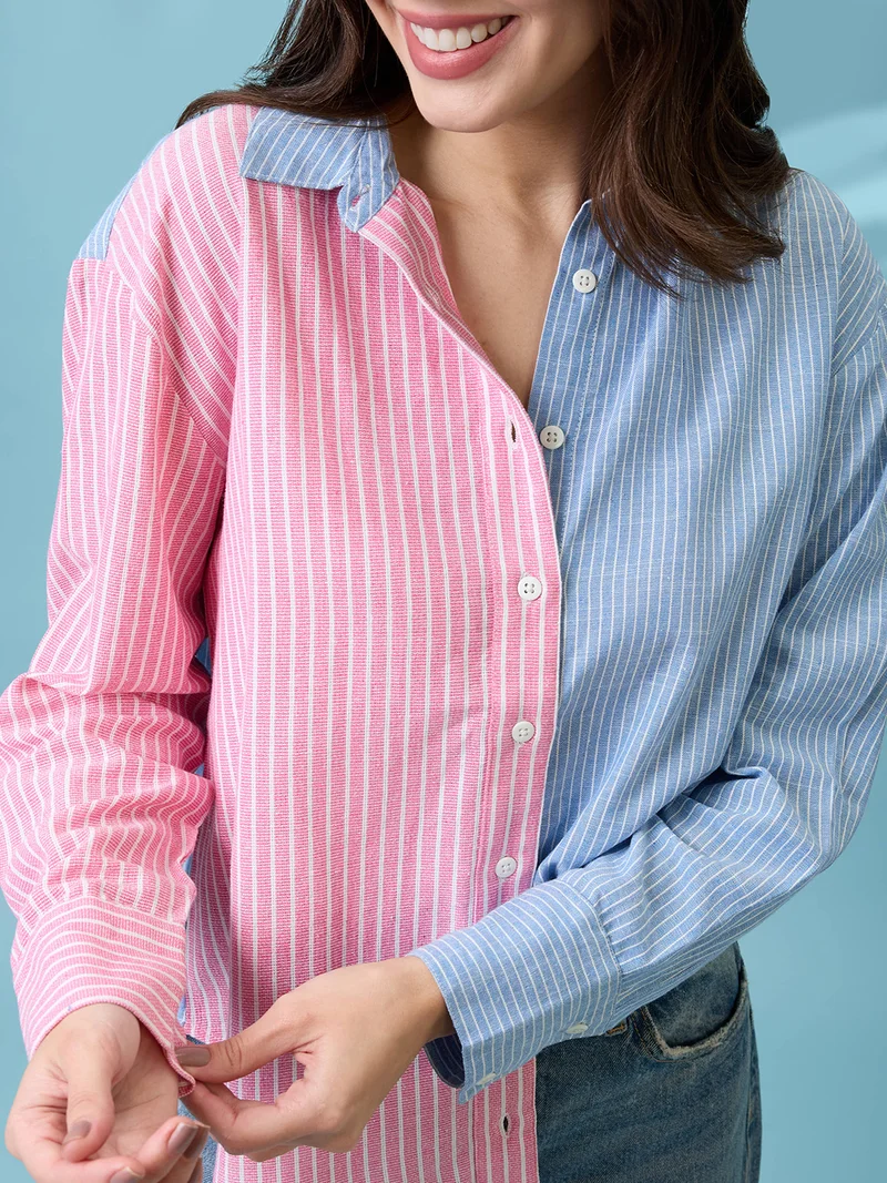 globus Women Blue Colorblock Striped Collared Neck Cuffed Sleeves Curved Hem Shirt