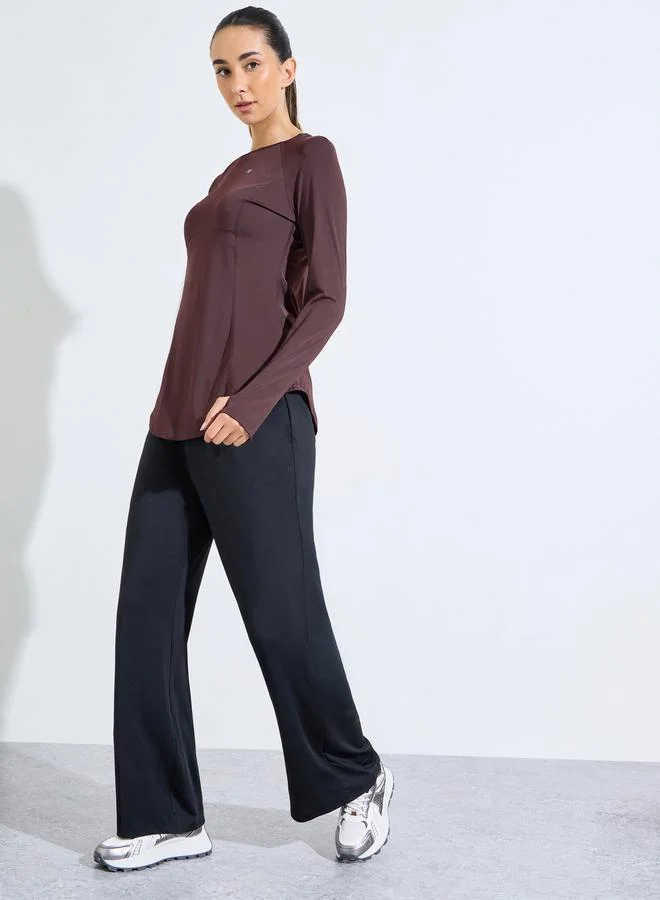Styli Active Brown Logo Curved Hem Modest Longline Thumbhole Top