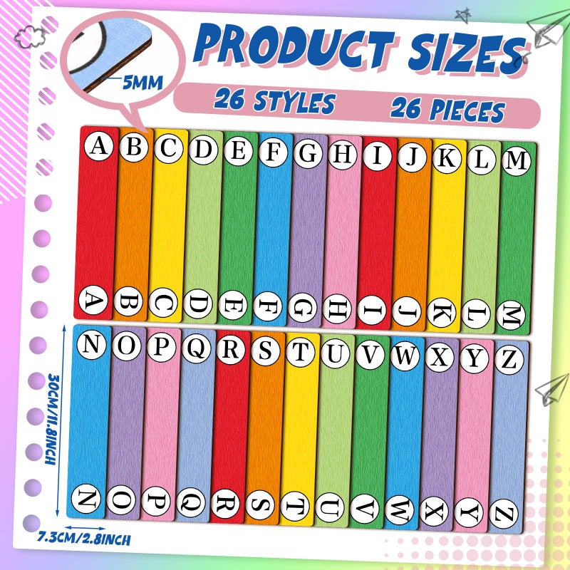 Chivertion 26 Pcs Library Alphabet Book Dividers Wooden Vinyl Record Dividers Organizer Separators 26 Alphabetical A-z Dividers Bookshelf Markers for Shelves Cds, Albums, Books (Colorful) - Image 2