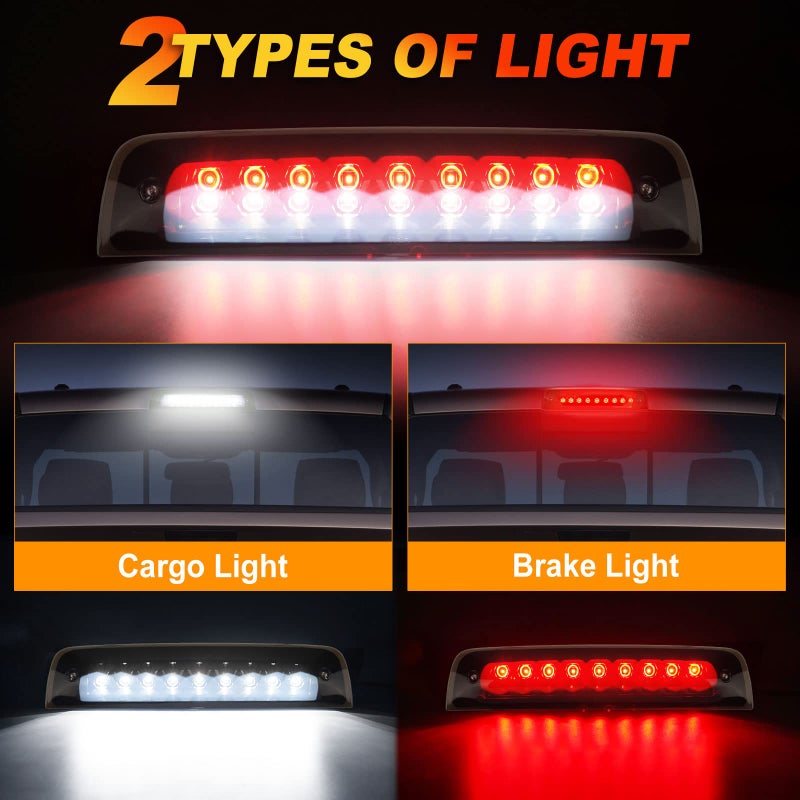 BORDAN For Dodge Ram Third Brake Light Stop Lamp Compatible For 2009-2017 Dodge Ram 1500 2010-2017 Dodge Ram 2500 3500 White & Red LED Brake Tail Light Assembly Smoke Lens - Image 3